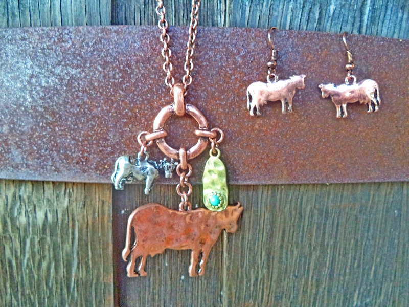 Brass Cow Farmer Vintage Necklace & Earring Set