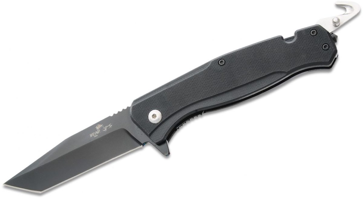 Bear OPS Black G10 Flipper Rescue Knife & Tool