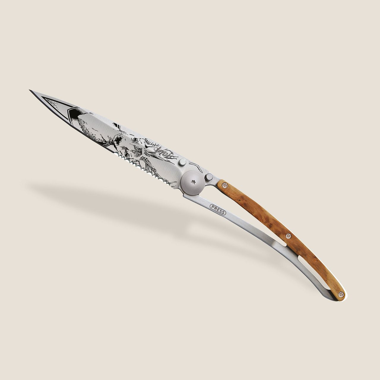 Deejo Juniper Wood Frame Lock Serrated Deer Etch - Image 3