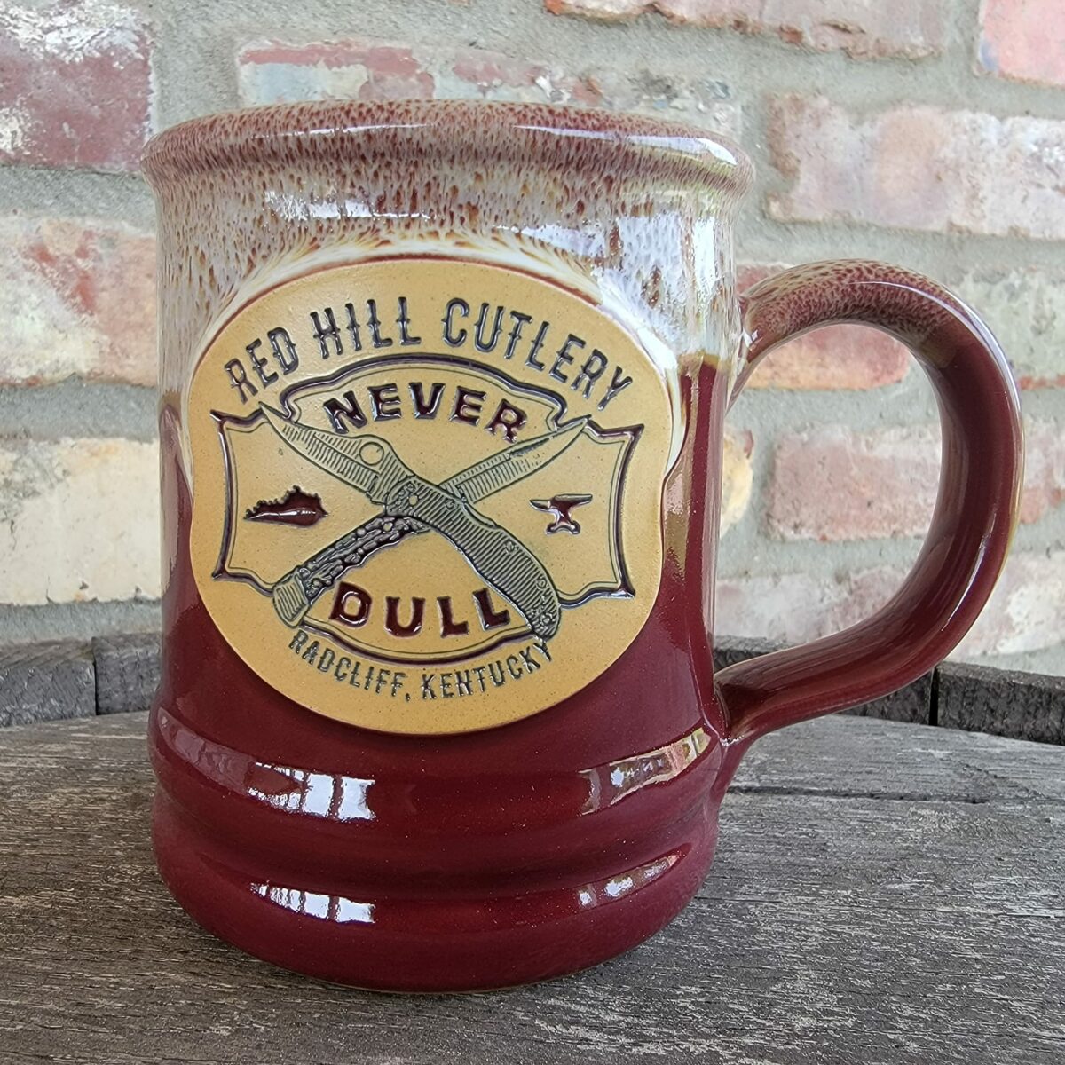 RHC “Never Dull” Custom Stoneware Burgundy Glazed Mug