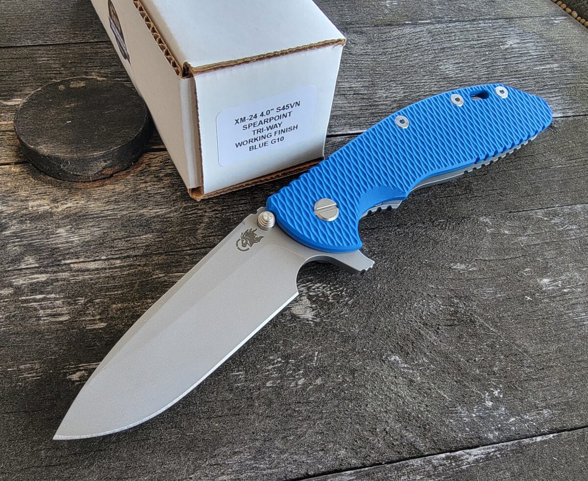 Rick Hinderer Blue G10 XM-24 4″ Spear Point Flipper Working Finish