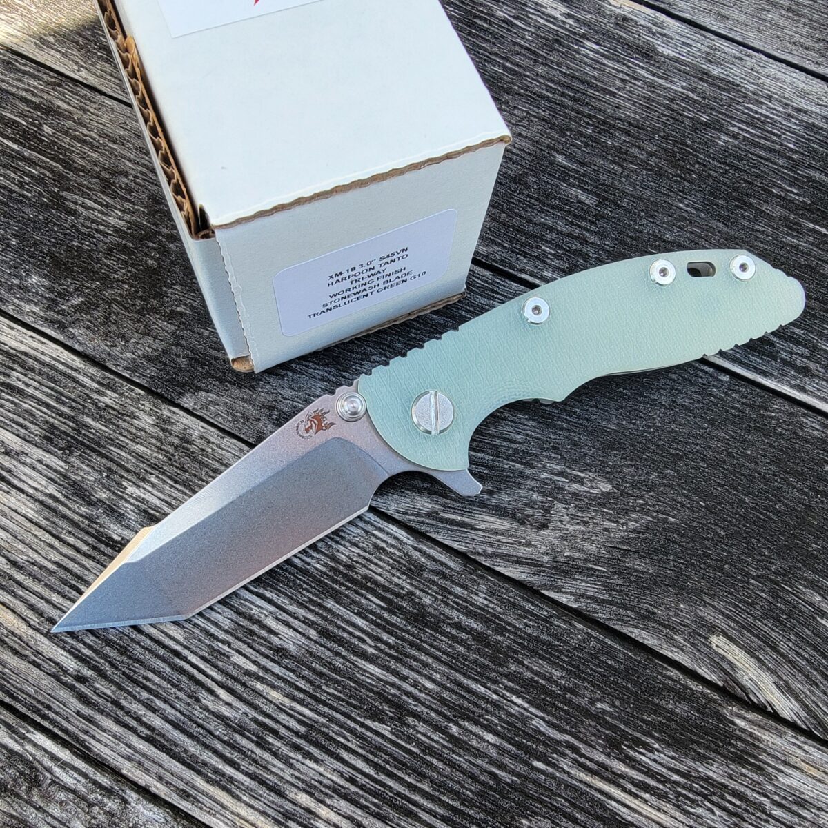 Rick Hinderer Translucent Green G10 XM-18 3″ Harpoon Tanto Flipper Working Finish