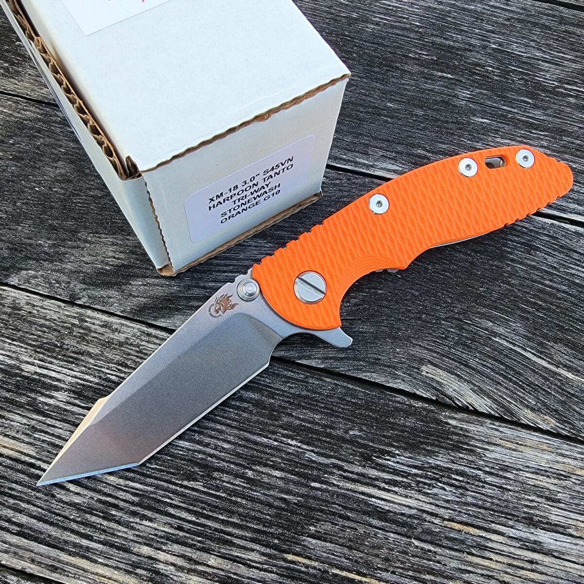 Rick Hinderer Orange G10 XM-18 3″ Harpoon Tanto Flipper Stonewash