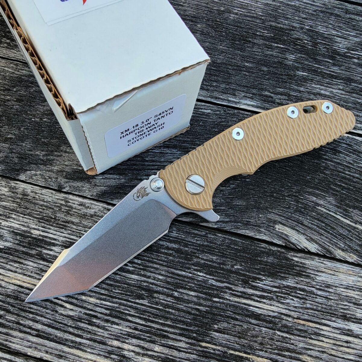 Rick Hinderer Coyote G10 XM-18 3″ Harpoon Tanto Flipper Stonewash