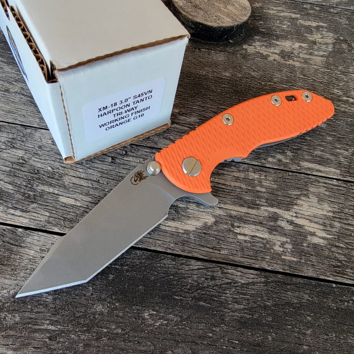 Rick Hinderer Orange G10 XM-18 3″ Harpoon Tanto Flipper Working Finish