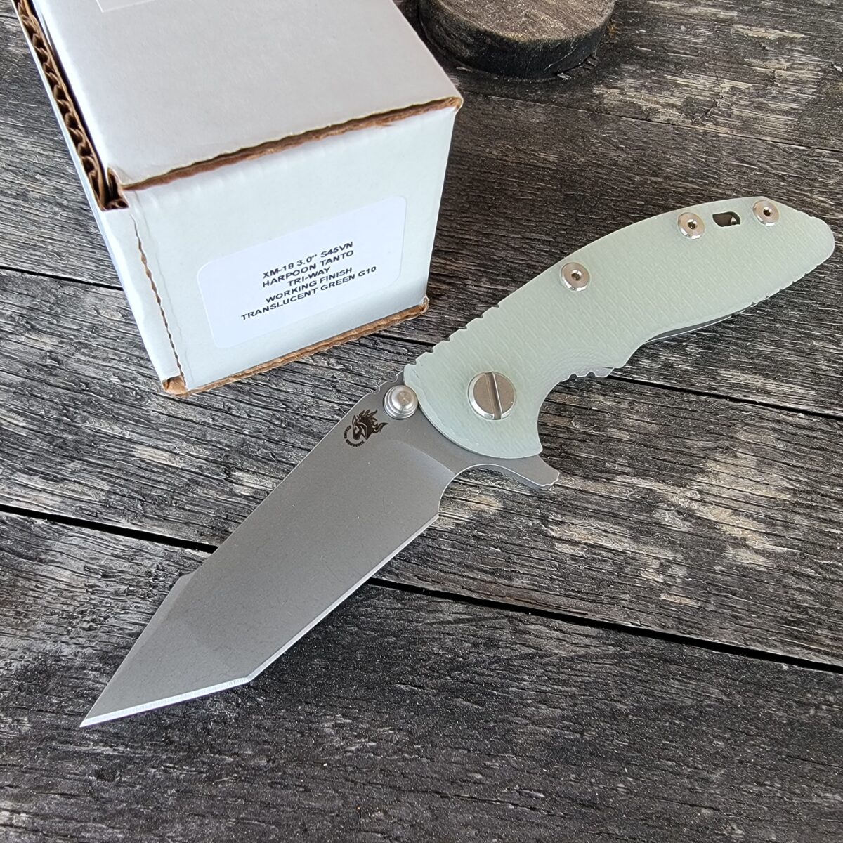 Rick Hinderer Translucent Green G10 XM-18 3″ Harpoon Tanto Flipper Working Finish