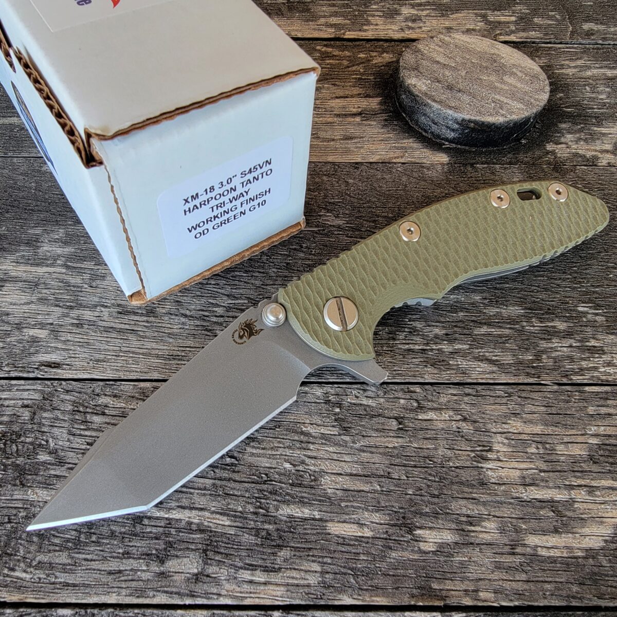 Rick Hinderer OD Green G10 XM-18 3″ Harpoon Tanto Flipper Working Finish