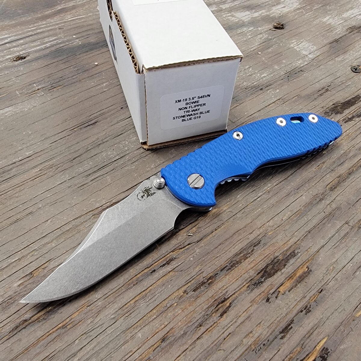 Rick Hinderer Blue G10 XM-18 3.5″ Bowie Non Flipper Stonewash Blue