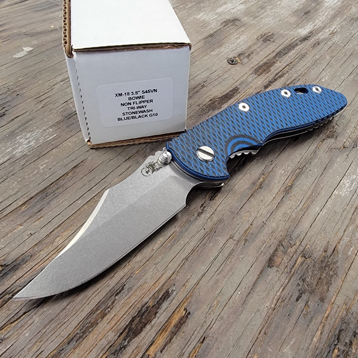 Rick Hinderer Black Blue G10 XM-18 3.5″ Bowie Non Flipper Stonewash