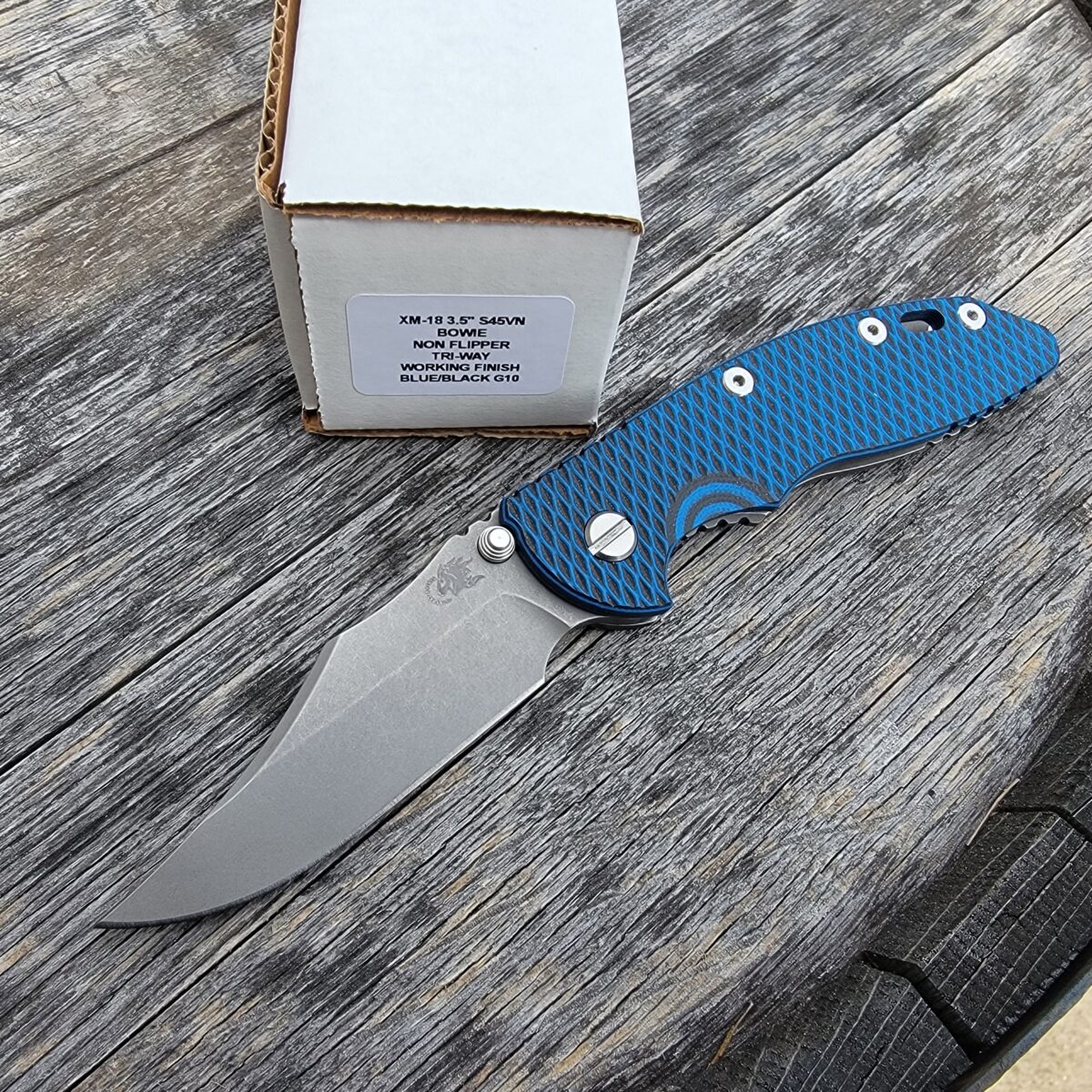 Rick Hinderer Black Blue G10 XM-18 3.5″ Bowie Non Flipper Working Finish