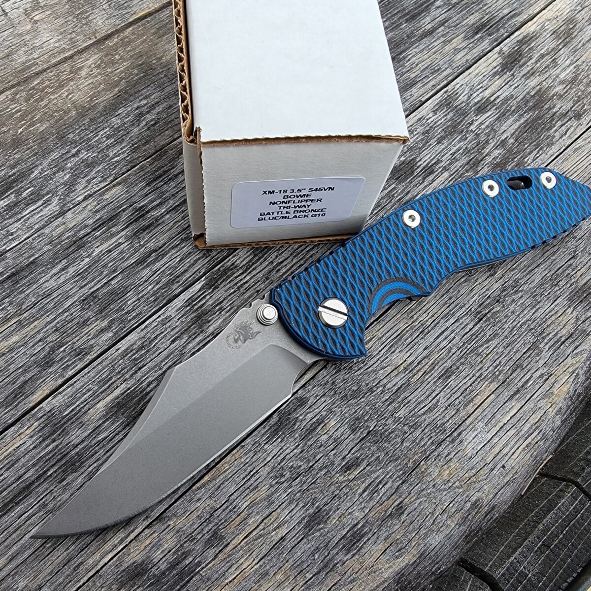 Rick Hinderer Black Blue G10 XM-18 3.5″ Bowie Non Flipper Battle Bronze