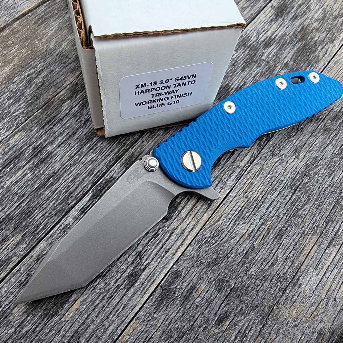 Rick Hinderer Blue G10 XM-18 3″ Harpoon Tanto Flipper Working Finish