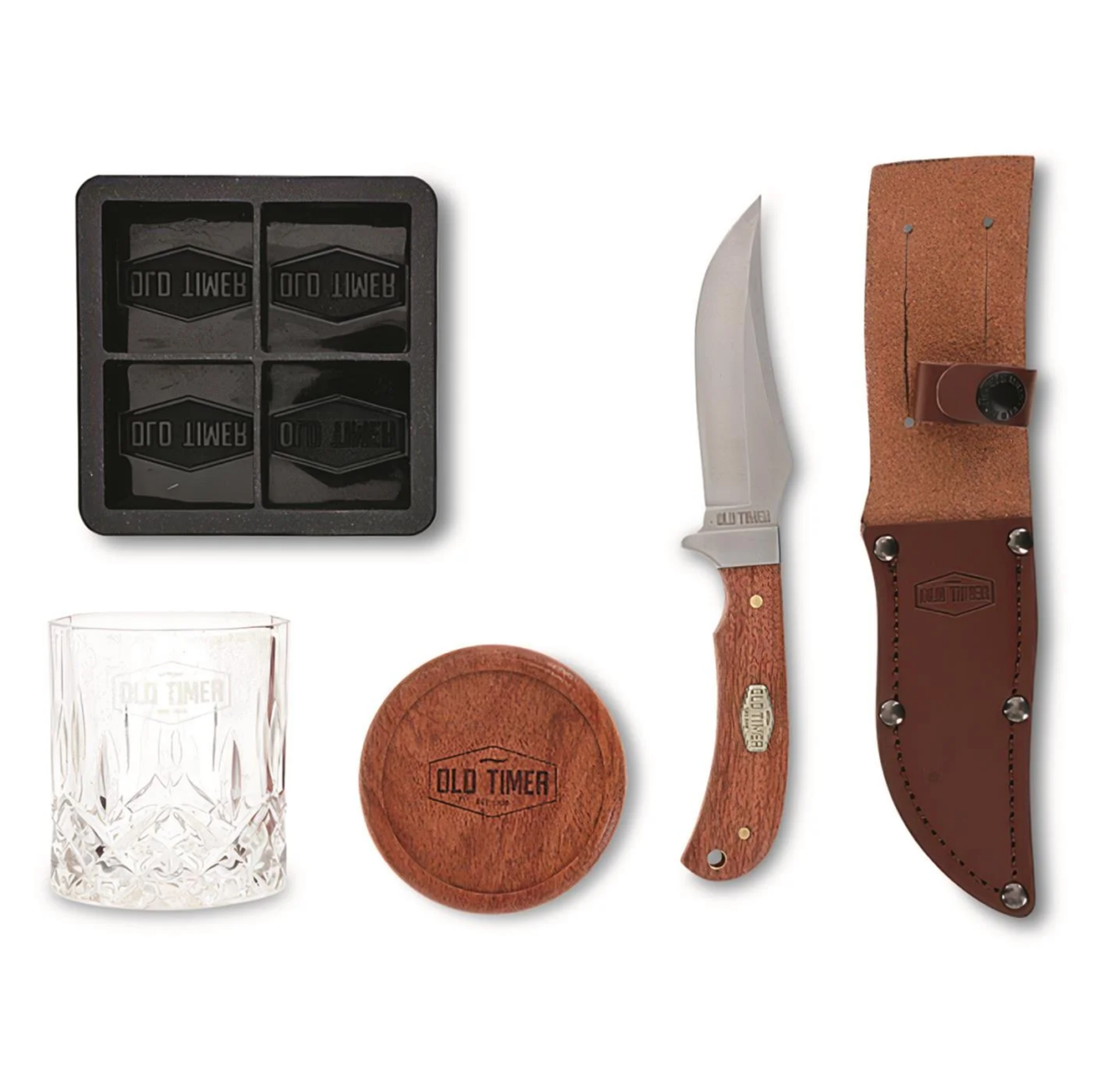 Schrade Old Timer Whiskey Glass & Wood Knife Gift Set