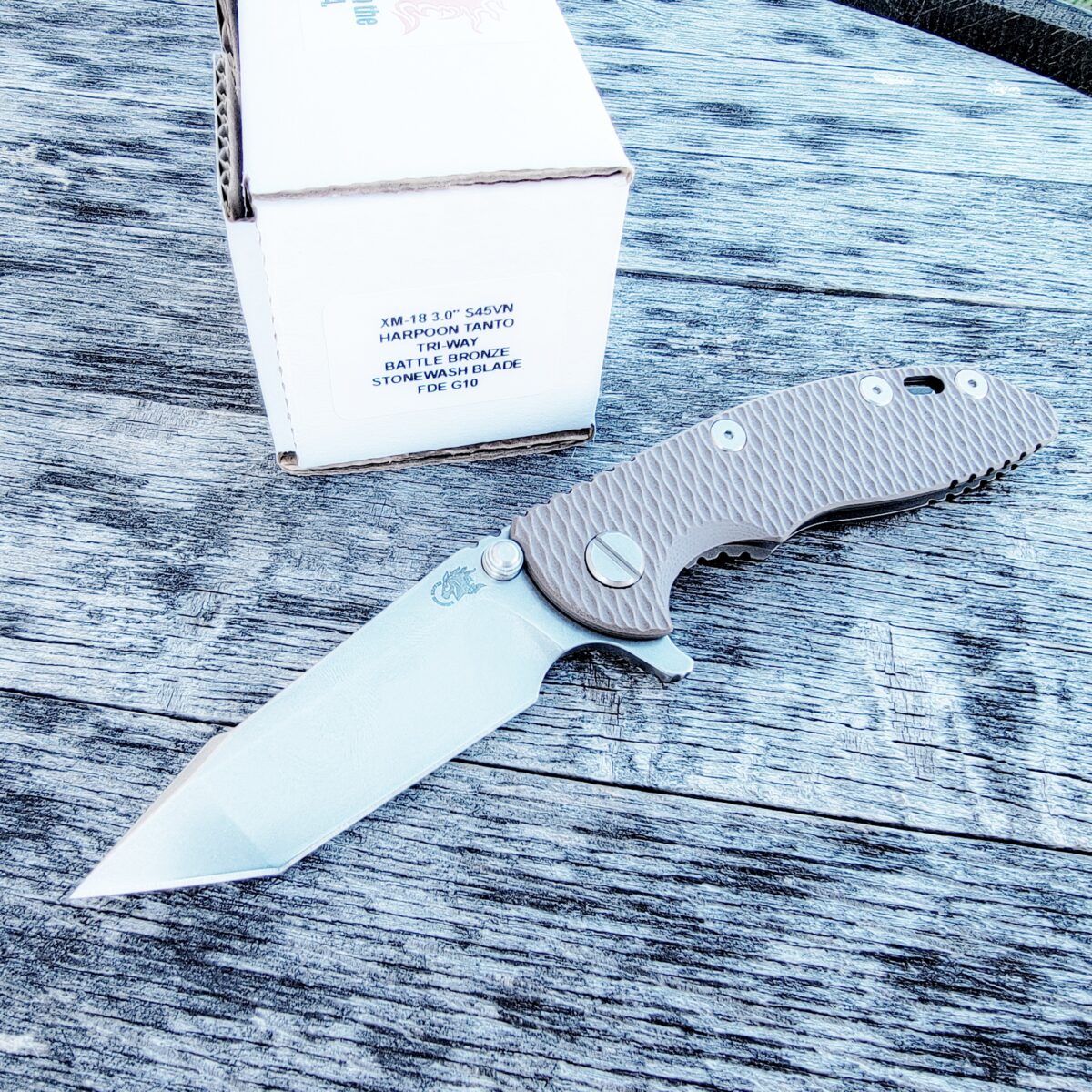 Rick Hinderer FDE G10 XM-18 3″ Harpoon Tanto Flipper Battle Bronze