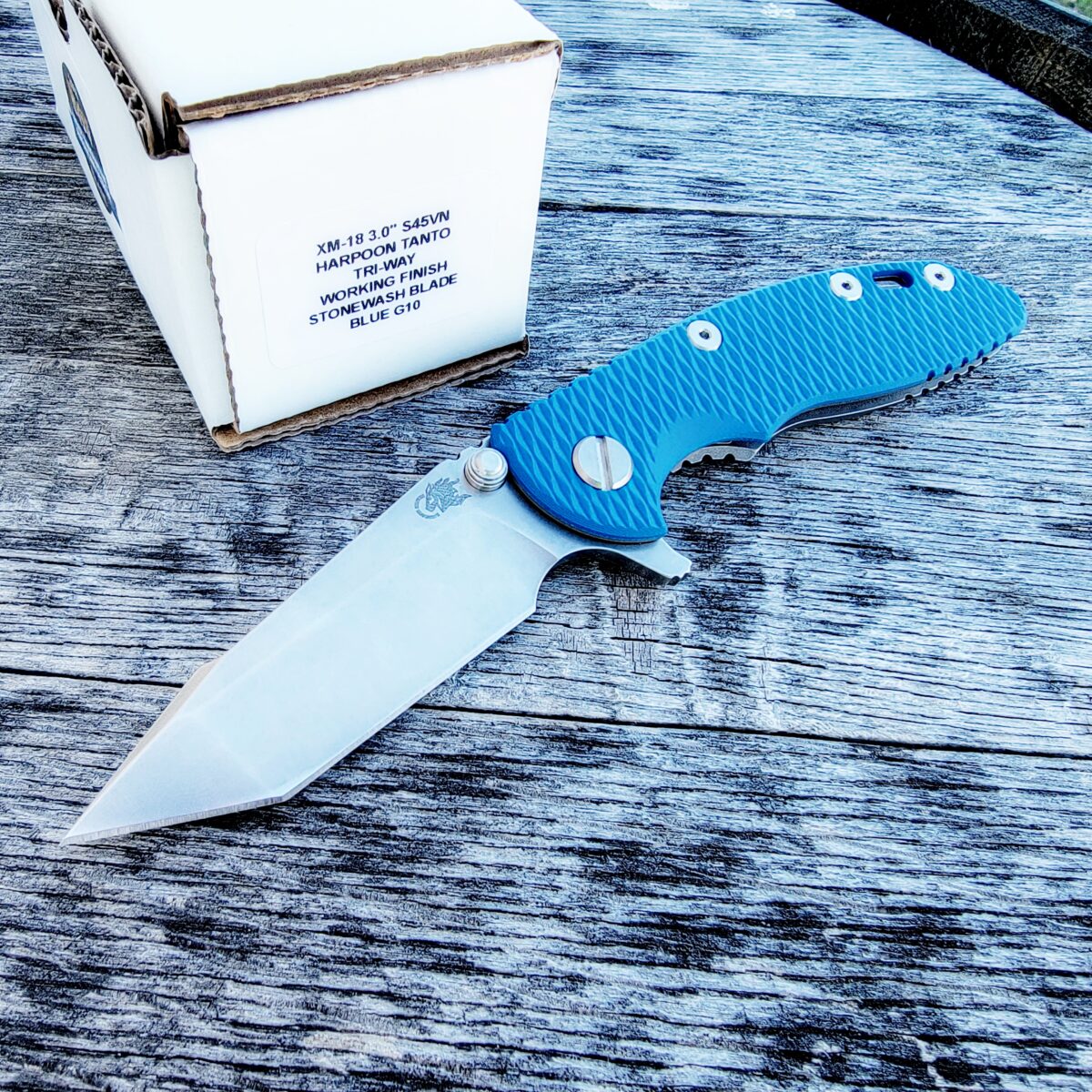 Rick Hinderer Blue G10 XM-18 3″ Harpoon Tanto Flipper Working Finish