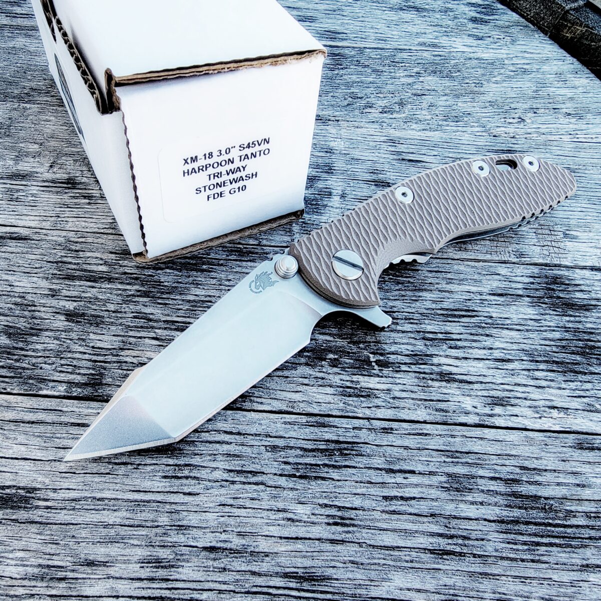 Rick Hinderer FDE G10 XM-18 3″ Harpoon Tanto Flipper Stonewash