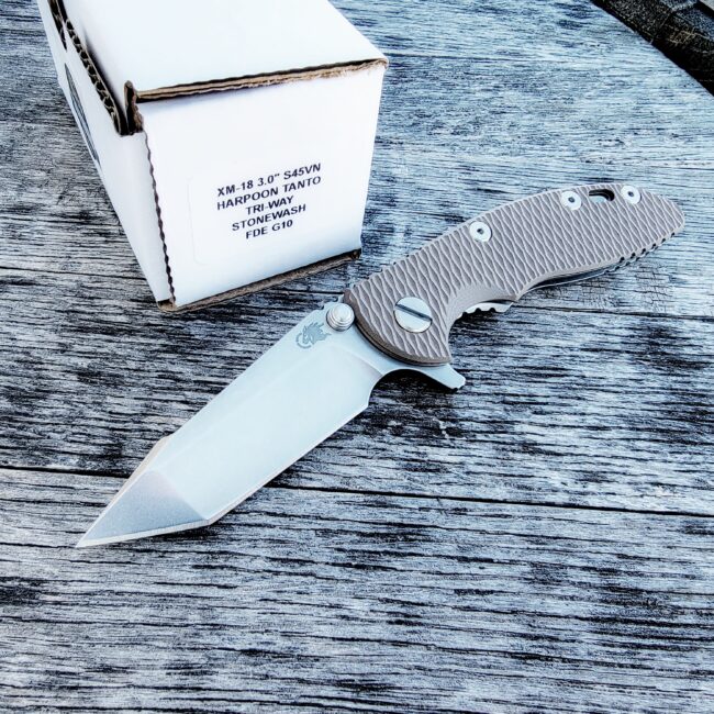 Rick Hinderer FDE G10 XM-18 3" Harpoon Tanto Flipper Stonewash