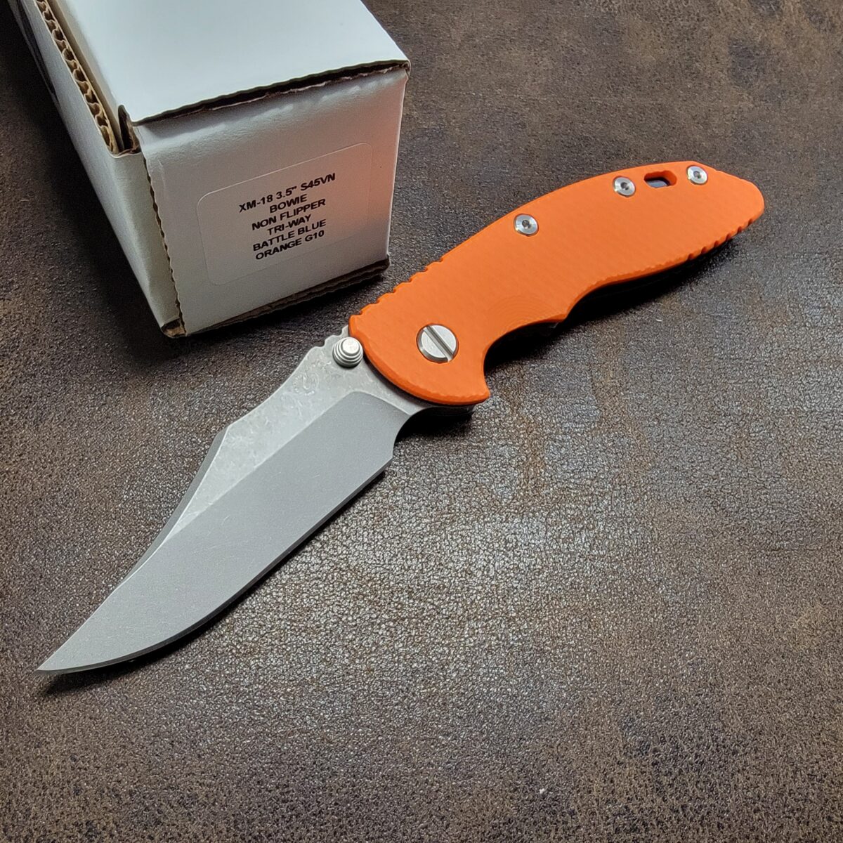 Rick Hinderer Orange G10 XM-18 3.5″ Bowie Non Flipper Battle Blue