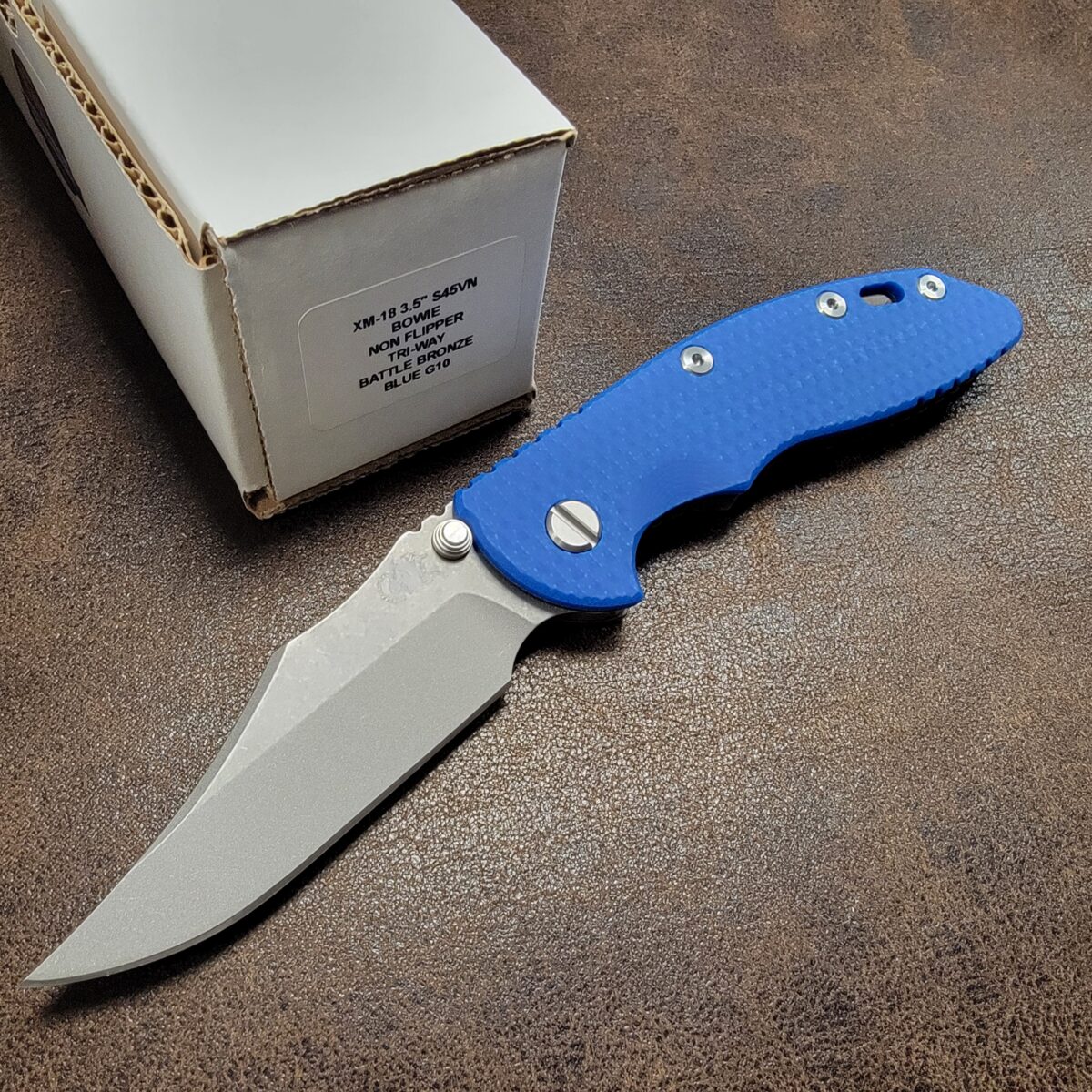 Rick Hinderer Blue G10 XM-18 3.5″ Bowie Non Flipper Battle Bronze