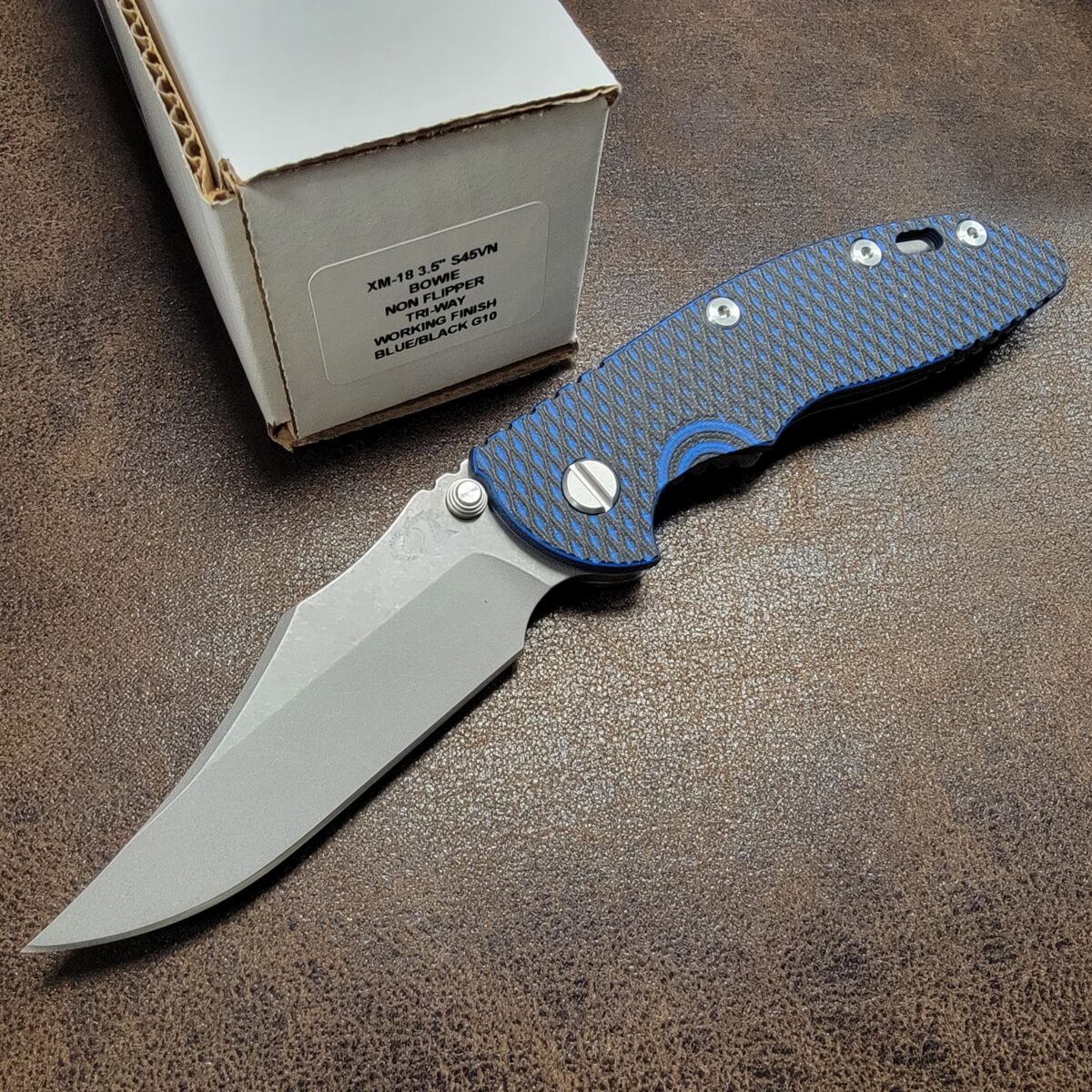 Rick Hinderer Black/Blue G10 XM-18 3.5″ Bowie Non Flipper Working Finish