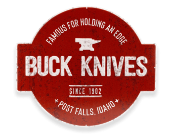 Buck Famous for Holding an Edge Tin Tacker Sign