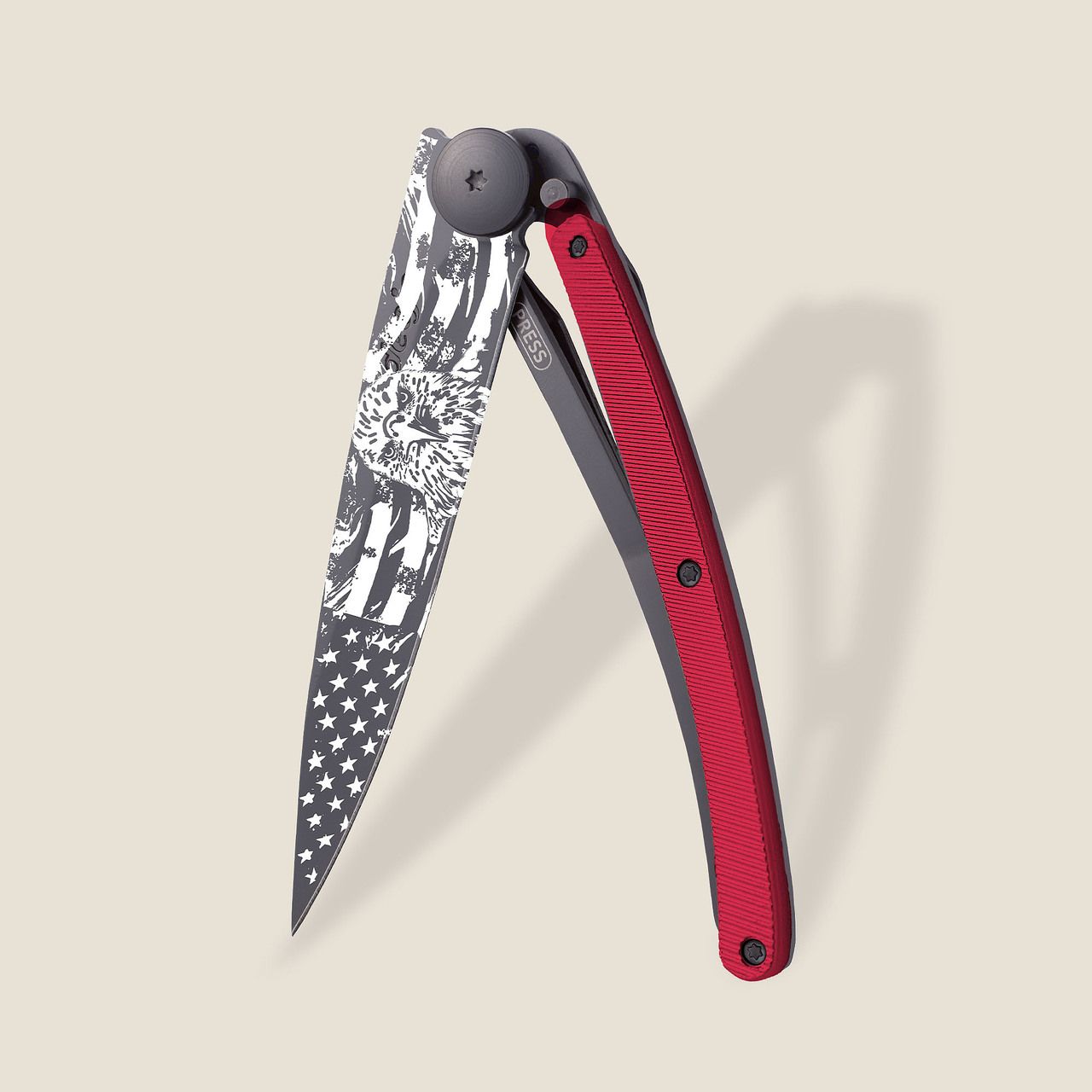 Deejo Red Aluminum Frame Lock American Bald Eagle Etch