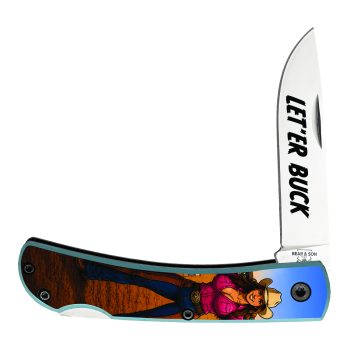 Bear Cowgirl "Let Her Buck" Blue Aluminum Small Farm Hand Locking
