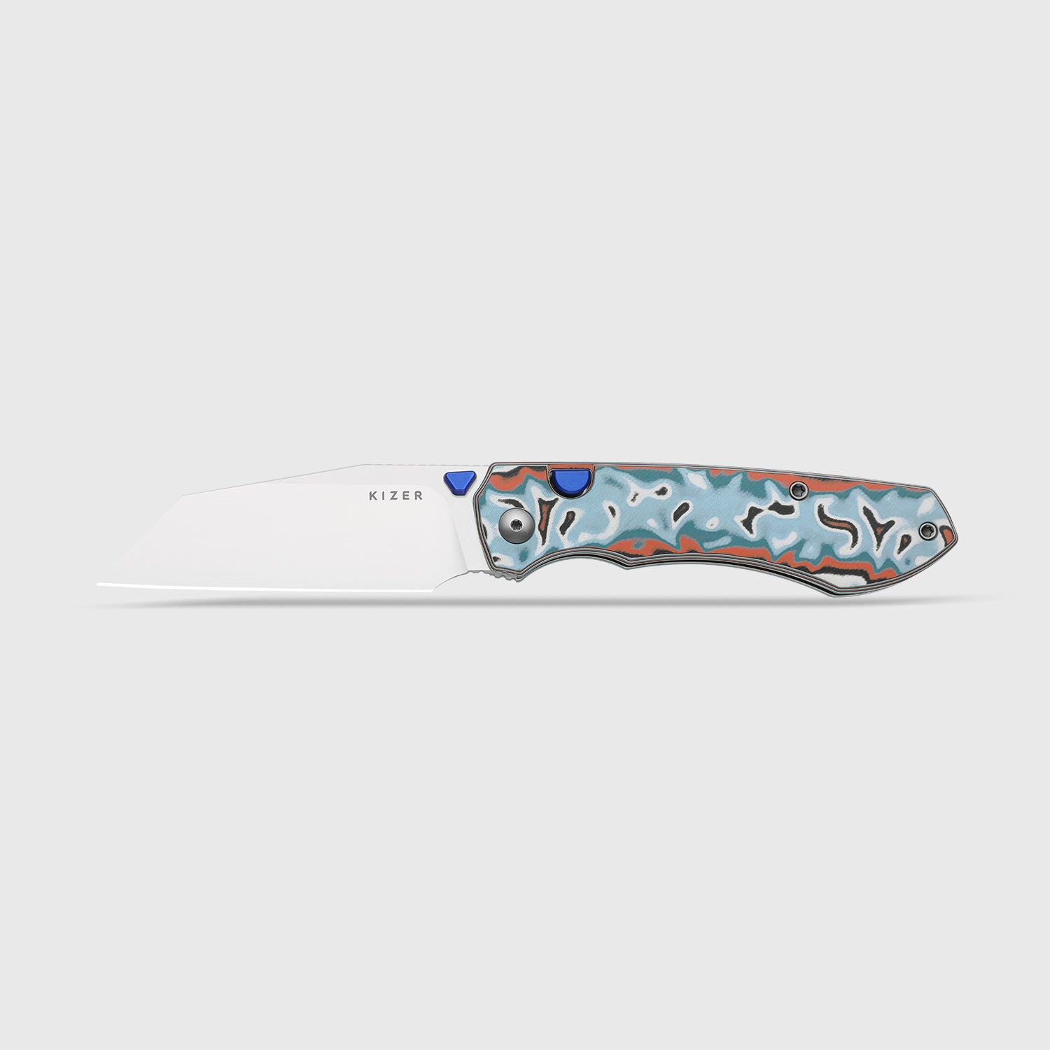 Kizer Blue and Orange Vortex Pattern Micarta Wharning Button Lock