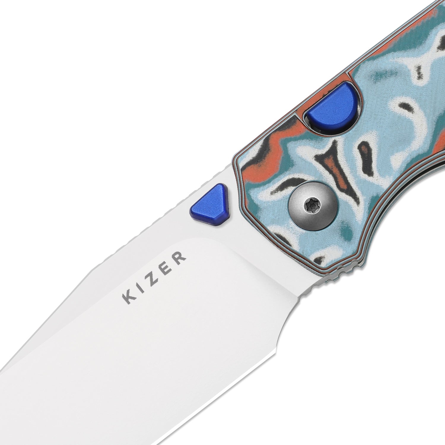 Kizer Blue and Orange Vortex Pattern Micarta Wharning Button Lock - Image 7
