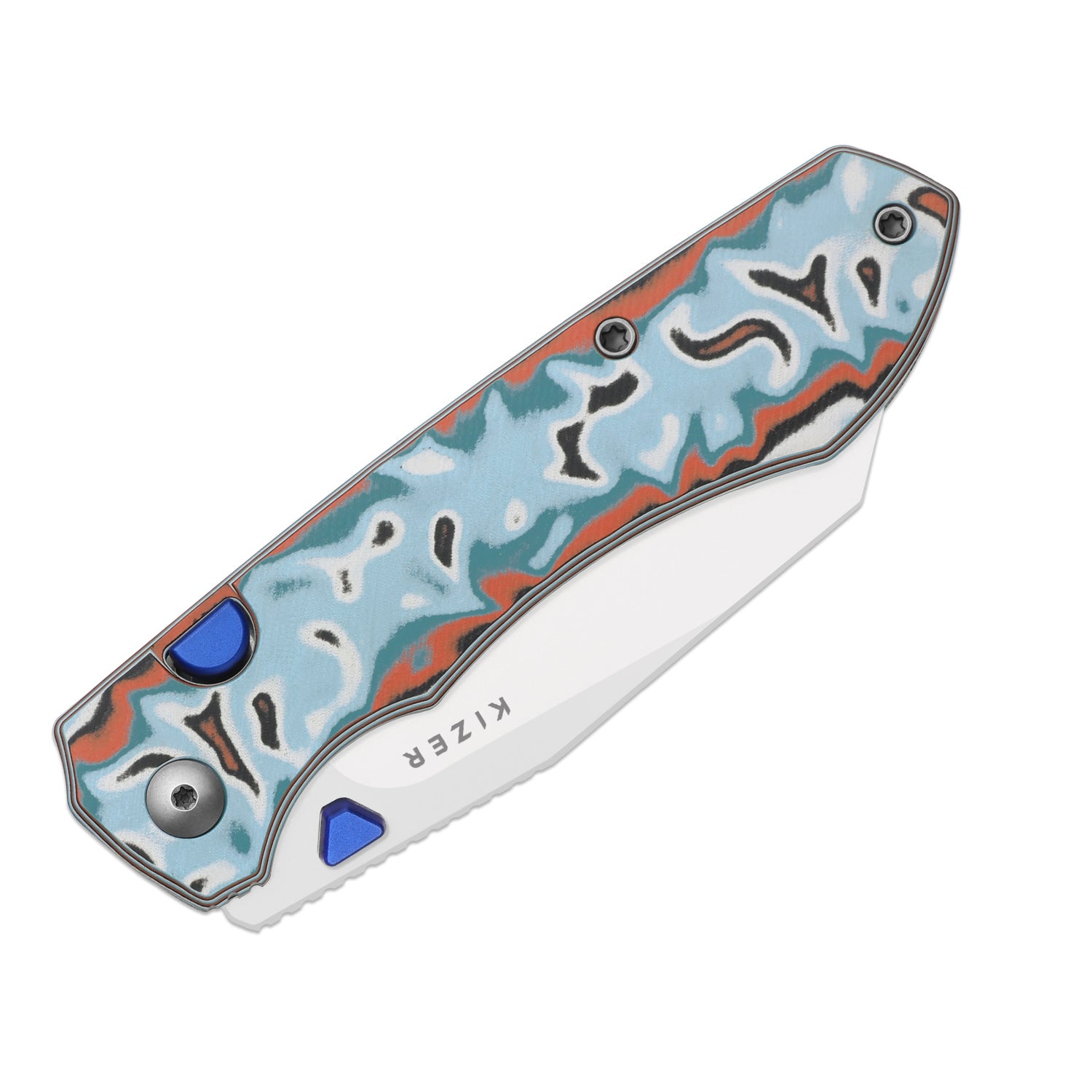 Kizer Blue and Orange Vortex Pattern Micarta Wharning Button Lock - Image 5