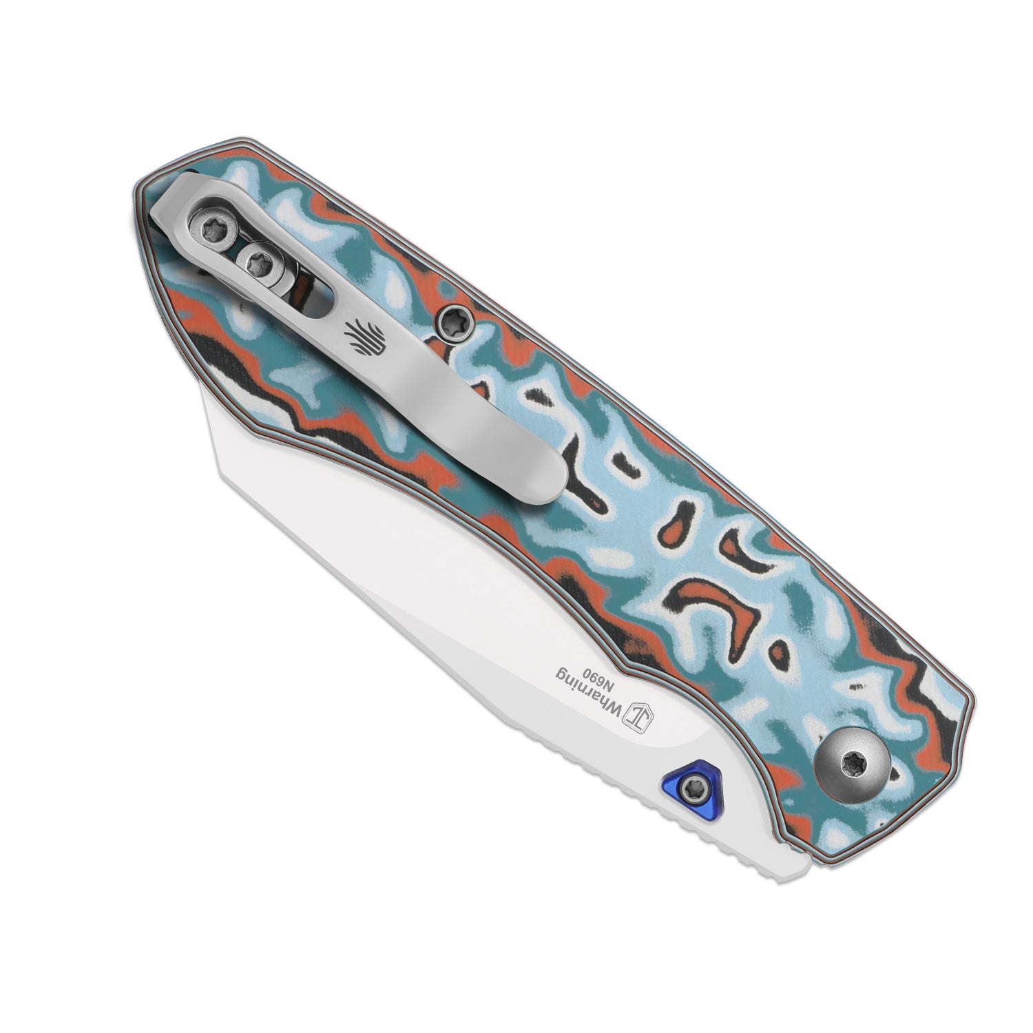 Kizer Blue and Orange Vortex Pattern Micarta Wharning Button Lock - Image 4