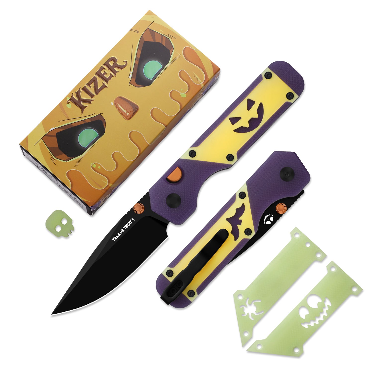 Kizer Halloween Purple and Yellow G10 Militaw 3.1 Button Lock - Image 5